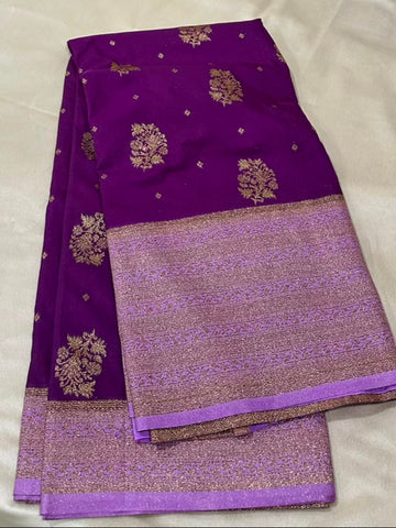 Banaras Georgette Silk Saree Royal Purple with Lavender Border | Glow & Glitter Boutique