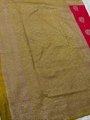 Banaras Georgette Silk Saree Bright Red with Antique Gold Zari Border | Glow & Glitter Boutique