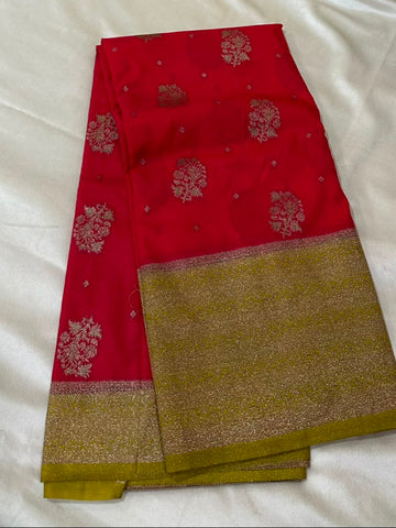 Banaras Georgette Silk Saree Bright Red with Antique Gold Zari Border | Glow & Glitter Boutique