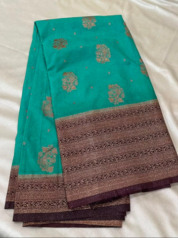 Banaras Georgette Silk Saree Turquoise Blue with Antique Copper Zari Border  | Glow & Glitter Boutique