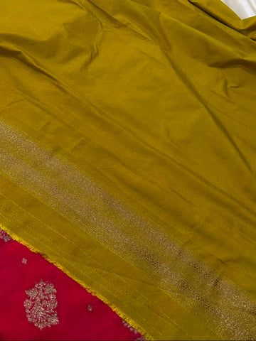 Banaras Georgette Silk Saree Bright Red with Antique Gold Zari Border | Glow & Glitter Boutique