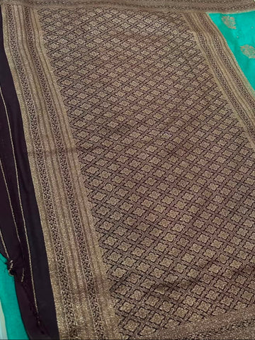 Banaras Georgette Silk Saree Turquoise Blue with Antique Copper Zari Border  | Glow & Glitter Boutique