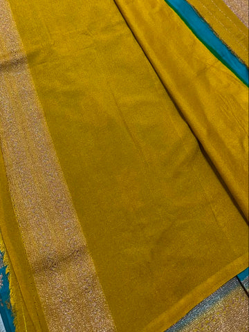 Banaras Georgette Silk Saree Teal Blue with Antique Gold Zari Border | Glow & Glitter Boutique