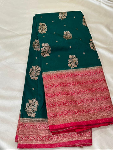 Banaras Georgette Silk Saree Bottle Green with Rani Pink Zari Border | Glow & Glitter Boutique