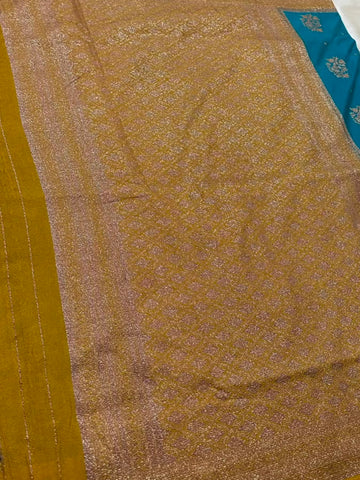 Banaras Georgette Silk Saree Teal Blue with Antique Gold Zari Border | Glow & Glitter Boutique