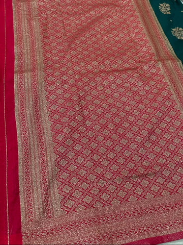 Banaras Georgette Silk Saree Bottle Green with Rani Pink Zari Border | Glow & Glitter Boutique