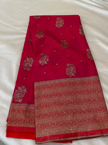 Banaras Georgette Silk Saree Cerise Pink with Antique Gold Zari Border | Glow & Glitter Boutique