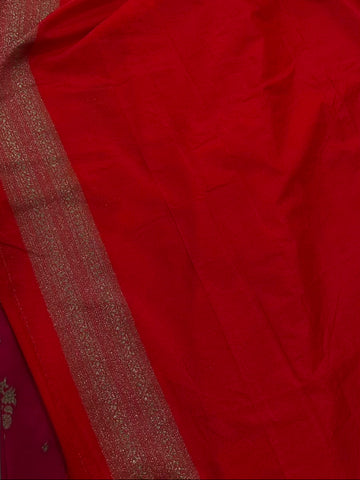 Banaras Georgette Silk Saree Cerise Pink with Antique Gold Zari Border | Glow & Glitter Boutique