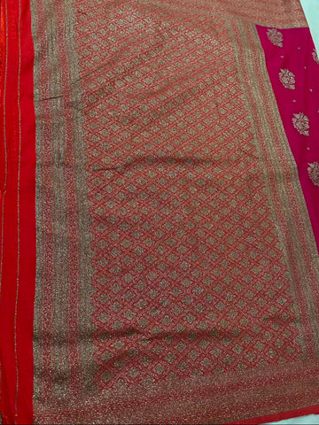 Banaras Georgette Silk Saree Cerise Pink with Antique Gold Zari Border | Glow & Glitter Boutique