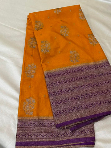 Banaras Georgette Silk Saree Mustard Yellow with Purple Zari Border | Glow & Glitter Boutique