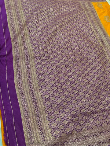 Banaras Georgette Silk Saree Mustard Yellow with Purple Zari Border | Glow & Glitter Boutique