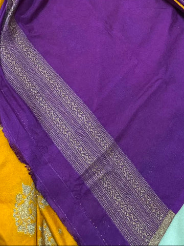 Banaras Georgette Silk Saree Mustard Yellow with Purple Zari Border | Glow & Glitter Boutique