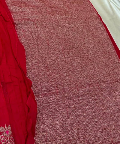 Matka Tussar Silk Cherry Red with Gold Zari Buttas | Glow & Glitter Boutique