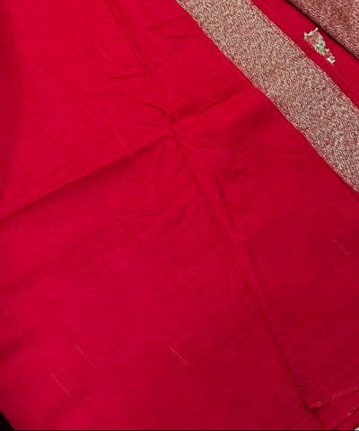 Matka Tussar Silk Cherry Red with Gold Zari Buttas | Glow & Glitter Boutique