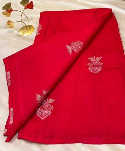 Matka Tussar Silk Cherry Red with Gold Zari Buttas | Glow & Glitter Boutique
