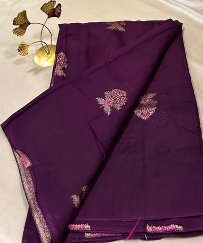 Matka Tussar Silk Plum Purple with Pink Gold Buttas | Glow & Glitter Boutique