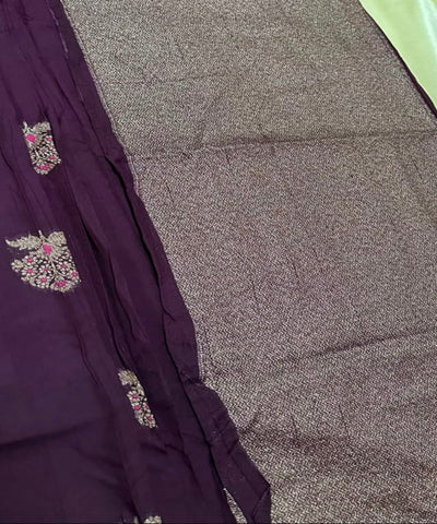 Matka Tussar Silk Plum Purple with Pink Gold Buttas | Glow & Glitter Boutique