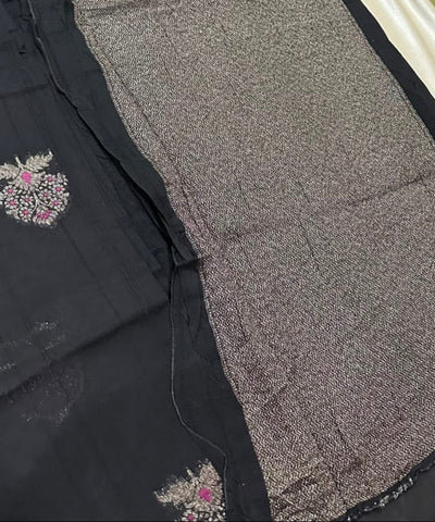 Matka Tussar Silk Black Shade With Pink Gold Buttas | Glow & Glitter Boutique