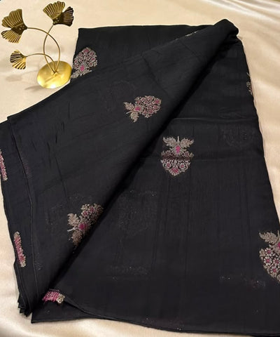 Matka Tussar Silk Black Shade With Pink Gold Buttas | Glow & Glitter Boutique