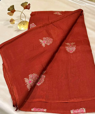 Matka Tussar Silk Rust Brown With Pink Gold Buttas | Glow & Glitter Boutique