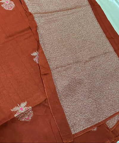 Matka Tussar Silk Rust Brown With Pink Gold Buttas | Glow & Glitter Boutique