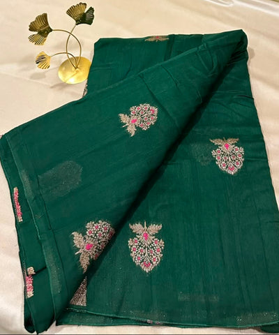 Matka Tussar Silk Bottle Green Shade With Pink Gold Buttas | Glow & Glitter Boutique