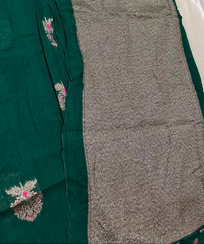 Matka Tussar Silk Bottle Green Shade With Pink Gold Buttas | Glow & Glitter Boutique