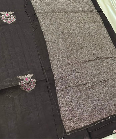 Matka Tussar Silk coco brown with Gold Silver Buttas | Glow & Glitter Boutique
