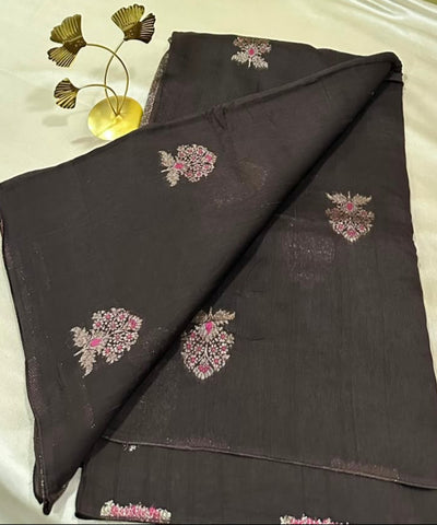 Matka Tussar Silk coco brown with Gold Silver Buttas | Glow & Glitter Boutique