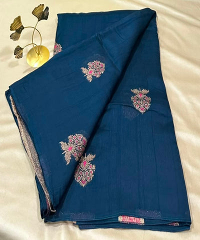 Matka Tussar Silk Steel Blue with Pink Gold Buttas | Gow & Glitter Boutique
