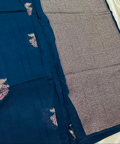 Matka Tussar Silk Steel Blue with Pink Gold Buttas | Gow & Glitter Boutique