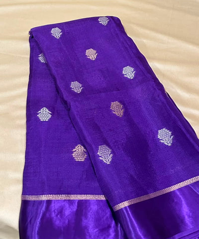 Viscose Khadi Silk Saree Royal Purple with Silver Gold Zari Buttas & Matching Satin Border| Glow & Glitter Boutique
