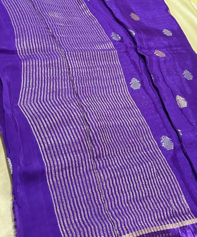 Viscose Khadi Silk Saree Royal Purple with Silver Gold Zari Buttas & Matching Satin Border| Glow & Glitter Boutique