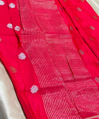 Viscose khadi silk saree Bright Red with Silver Gold Zari Buttas & Matching Satin Border | Glow & Glitter Boutique