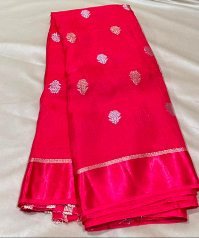 Viscose khadi silk saree Bright Red with Silver Gold Zari Buttas & Matching Satin Border | Glow & Glitter Boutique