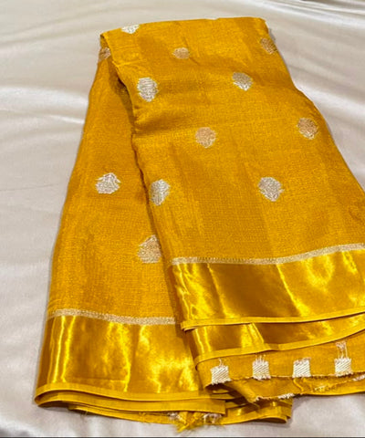 Viscose khadi silk saree Gold Yellow with Silver Gold Zari Buttas & Matching Satin Border | Glow & Glitter boutique