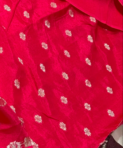 Viscose khadi silk saree Bright Red with Silver Gold Zari Buttas & Matching Satin Border | Glow & Glitter Boutique