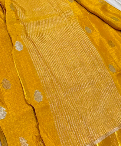 Viscose khadi silk saree Gold Yellow with Silver Gold Zari Buttas & Matching Satin Border | Glow & Glitter boutique