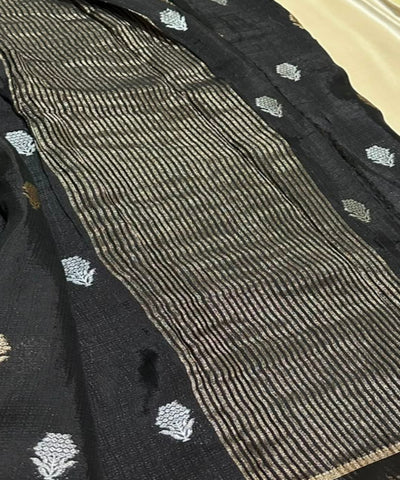 Viscose khadi silk saree Black with Silver & Antique Gold Zari Buttas and Matching Satin Border | Glow & Glitter Boutique
