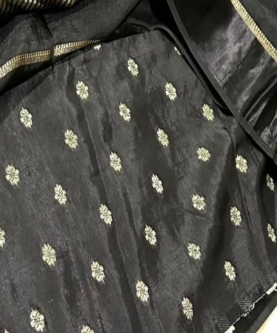 Viscose khadi silk saree Black with Silver & Antique Gold Zari Buttas and Matching Satin Border | Glow & Glitter Boutique