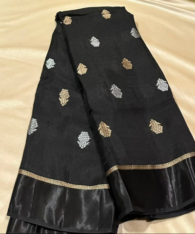 Viscose khadi silk saree Black with Silver & Antique Gold Zari Buttas and Matching Satin Border | Glow & Glitter Boutique