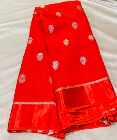 Viscose khadi silk saree Fanta Orange Shade Silver Gold Zari Buttas & Matching Satin Border | Glow & Glitter Boutique