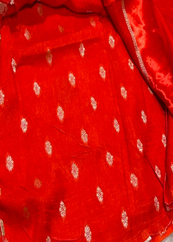 Viscose khadi silk saree Fanta Orange Shade Silver Gold Zari Buttas & Matching Satin Border | Glow & Glitter Boutique