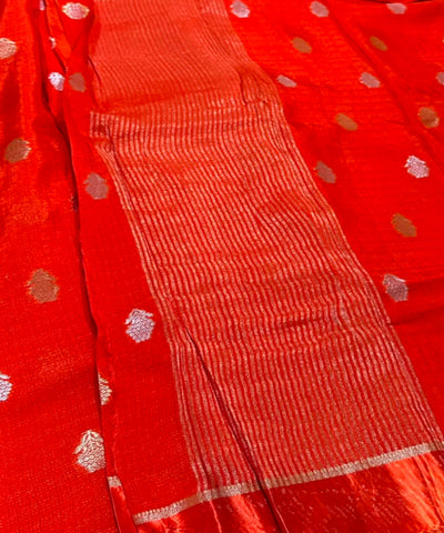 Viscose khadi silk saree Fanta Orange Shade Silver Gold Zari Buttas & Matching Satin Border | Glow & Glitter Boutique