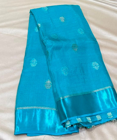 Viscose khadi silk saree Turquoise Blue  Silver Gold Zari Buttas & Matching Satin Border | Glow & Glitter Boutique