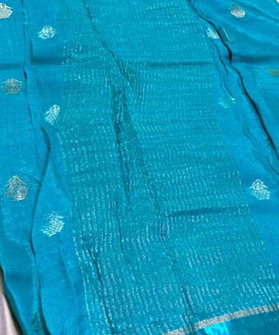 Viscose khadi silk saree Turquoise Blue  Silver Gold Zari Buttas & Matching Satin Border | Glow & Glitter Boutique