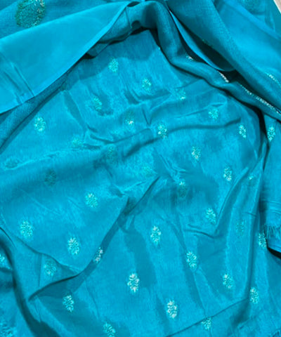Viscose khadi silk saree Turquoise Blue  Silver Gold Zari Buttas & Matching Satin Border | Glow & Glitter Boutique