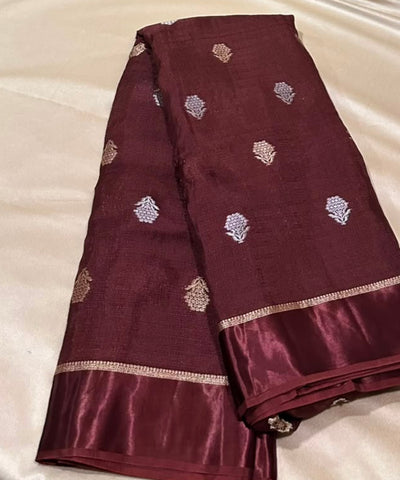 Viscose khadi silk saree Coffee Brown Shade Silver Gold Zari Buttas & Matching Satin Border | Glow & Glitter Boutique