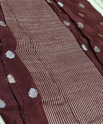 Viscose khadi silk saree Coffee Brown Shade Silver Gold Zari Buttas & Matching Satin Border | Glow & Glitter Boutique