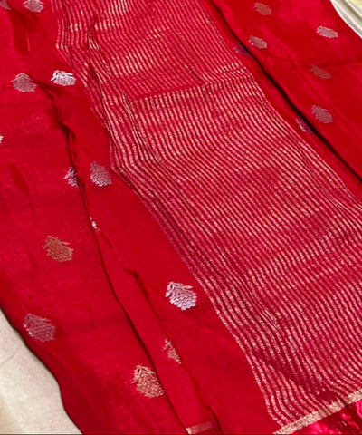 Viscose khadi silk saree Bright Red Shade Silver Gold Zari Buttas & Matching Satin Border | Glow & Glitter Boutique